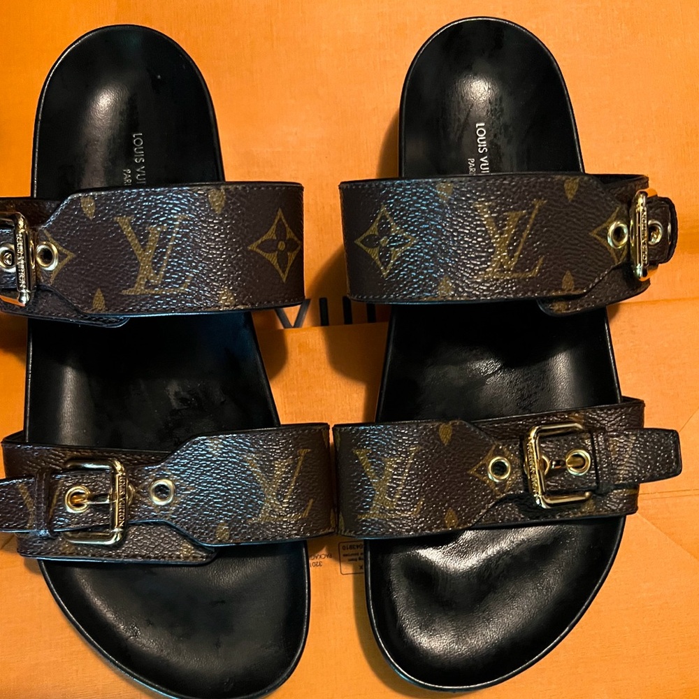 Louis Vuitton Brown and Gold Sandals with Monogram Straps